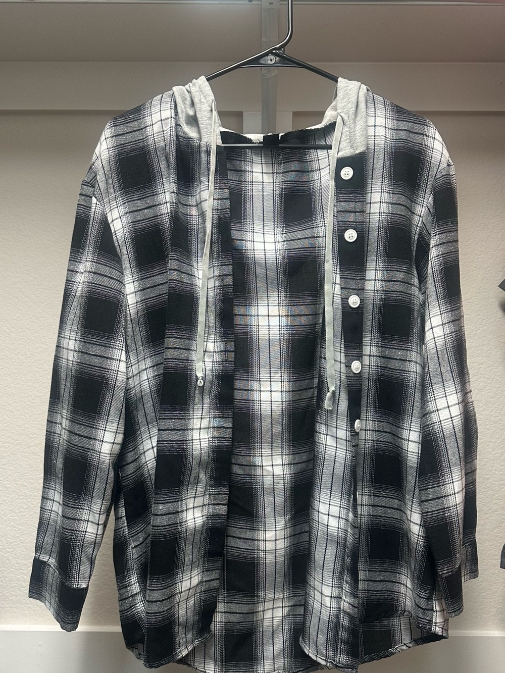 Men's Black & White Plaid Hooded Button-Up Shirt